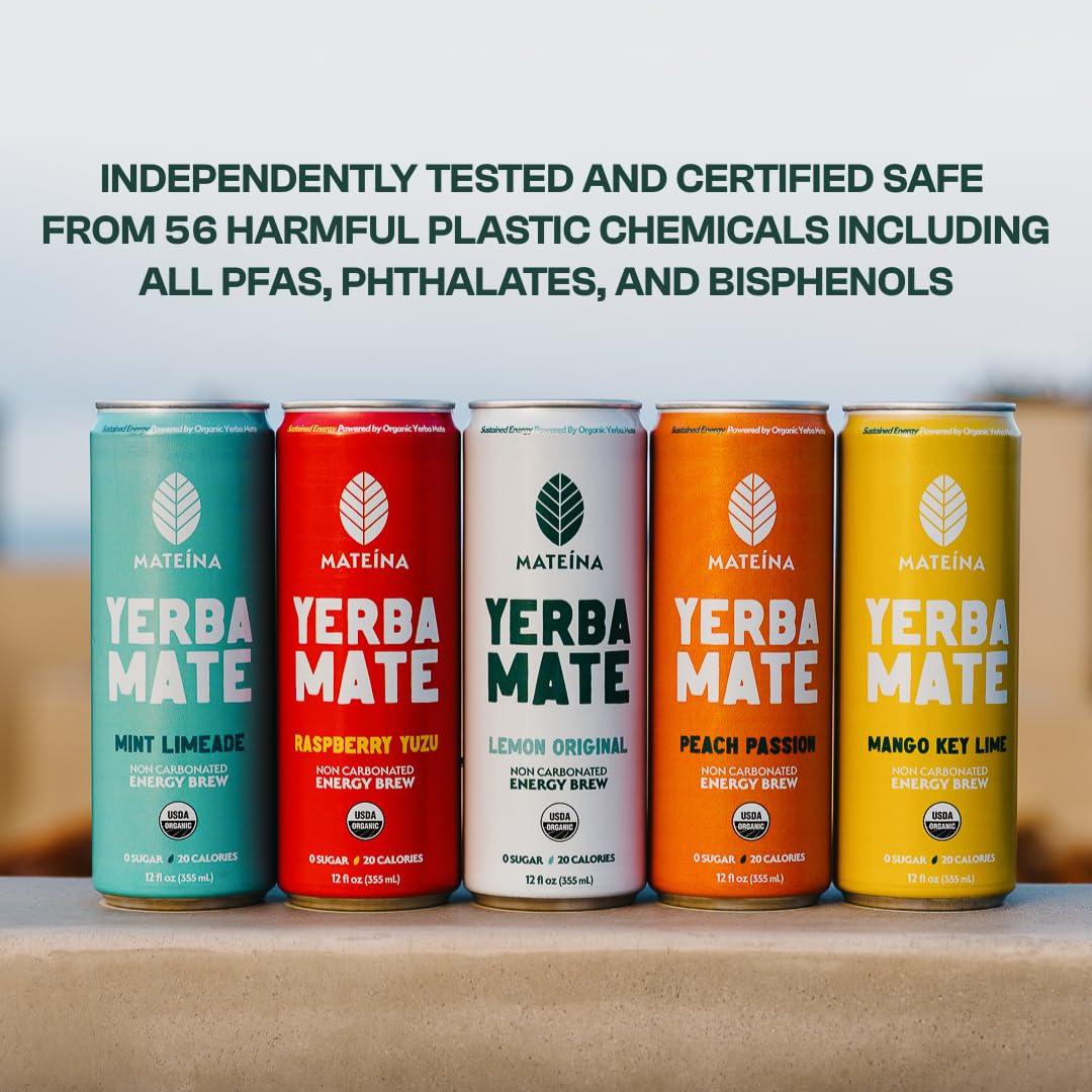 Mateina Yerba Mate Energy Drink, Raspberry Yuzu, 12 fl oz, 12 Pack