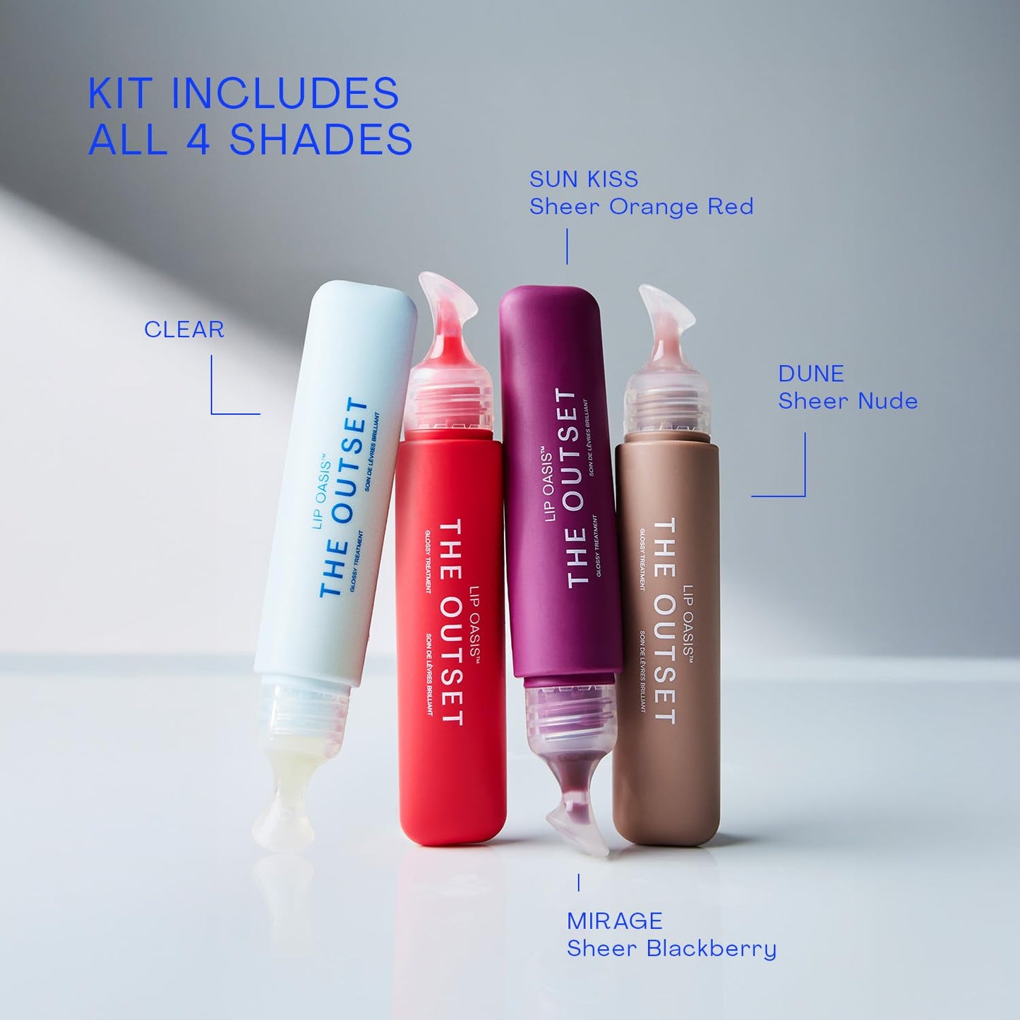 The Outset Lip Oasis Hydrating Lip Balm & Gloss 4-Shade Set, Sheer Tint Dune, Clear, Mirage & Sun Kiss, Clean, Vegan & Gluten-Free - 0.3 oz Each