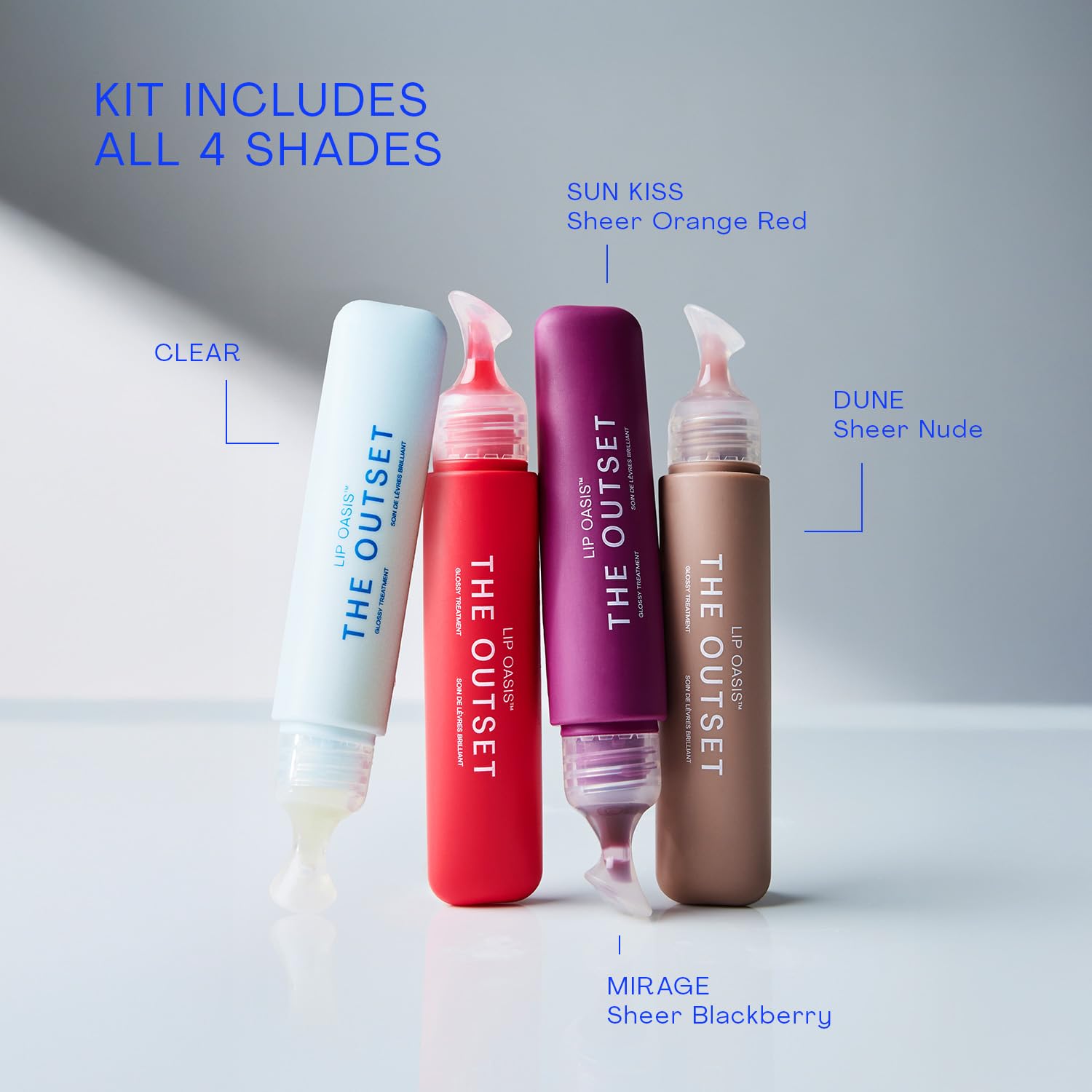 The Outset Lip Oasis Hydrating Lip Balm & Gloss 4-Shade Set, Sheer Tint Dune, Clear, Mirage & Sun Kiss, Clean, Vegan & Gluten-Free - 0.3 oz Each