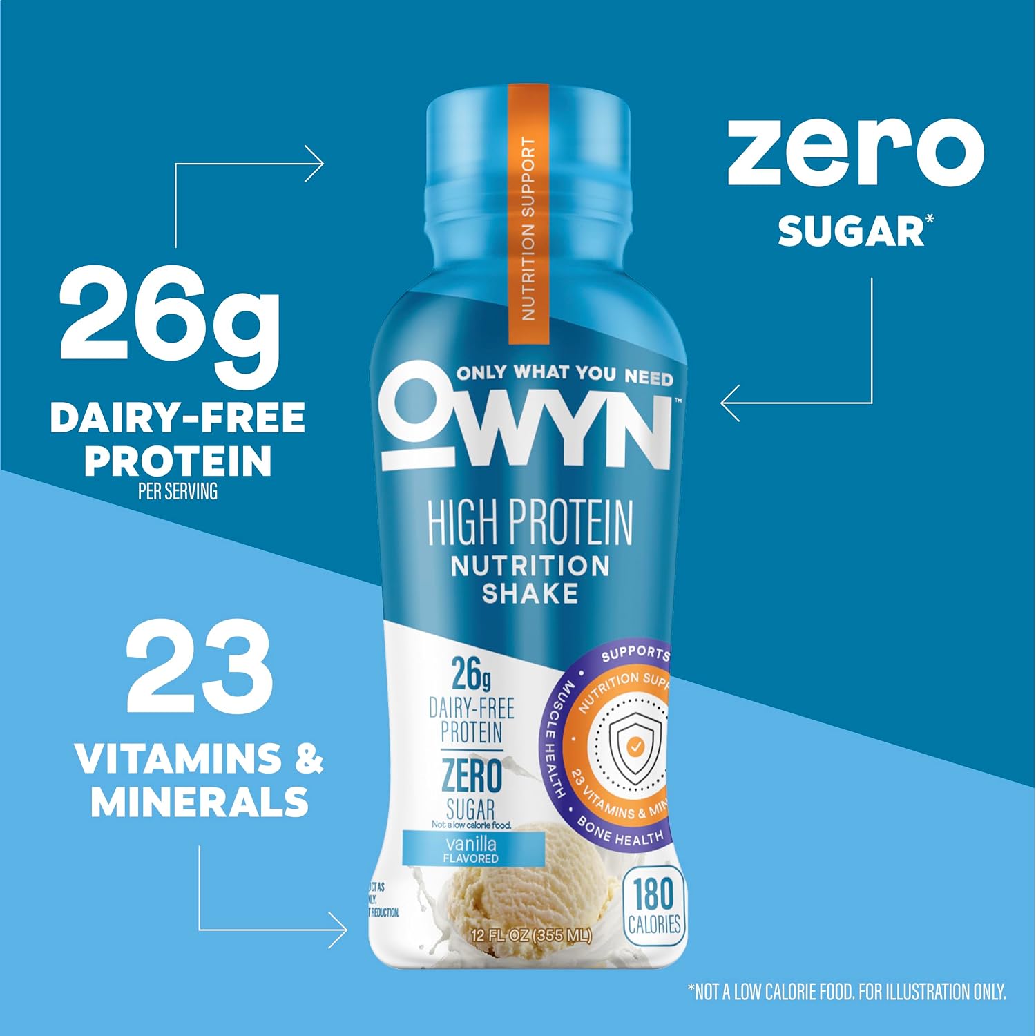 OWYN Only What You Need 26g High Protein Shake, Vanilla Flavored, 12 Ct | 26g Protein, Zero Sugar, 3g Fiber, Dairy Free, Plant Protein, Gluten Free, 12fl oz Bottles, 23 Vitamins and Minerals