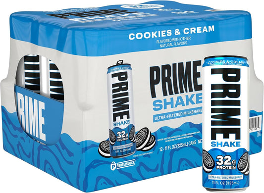 PRIME Shakes, Cookies & Cream, 32g Protein Shake for Muscle Support & Recovery, Ultra-Filtered Milk, Lactose Free, Low Sugar, Low Calorie, Ready to Drink, 11 fl oz, 12 Pack