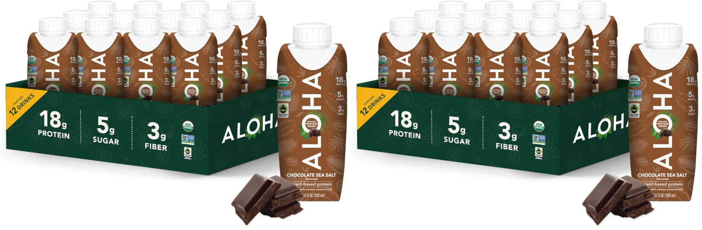 ALOHA Organic Protein Drink, Chocolate Sea Salt, Low Sugar & Dairy Free Ready-to-Drink Protein Shake, Plant Based, Non-Dairy, Clean Ingredients, GLP-1 Friendly, 18g Protein, Gluten Free