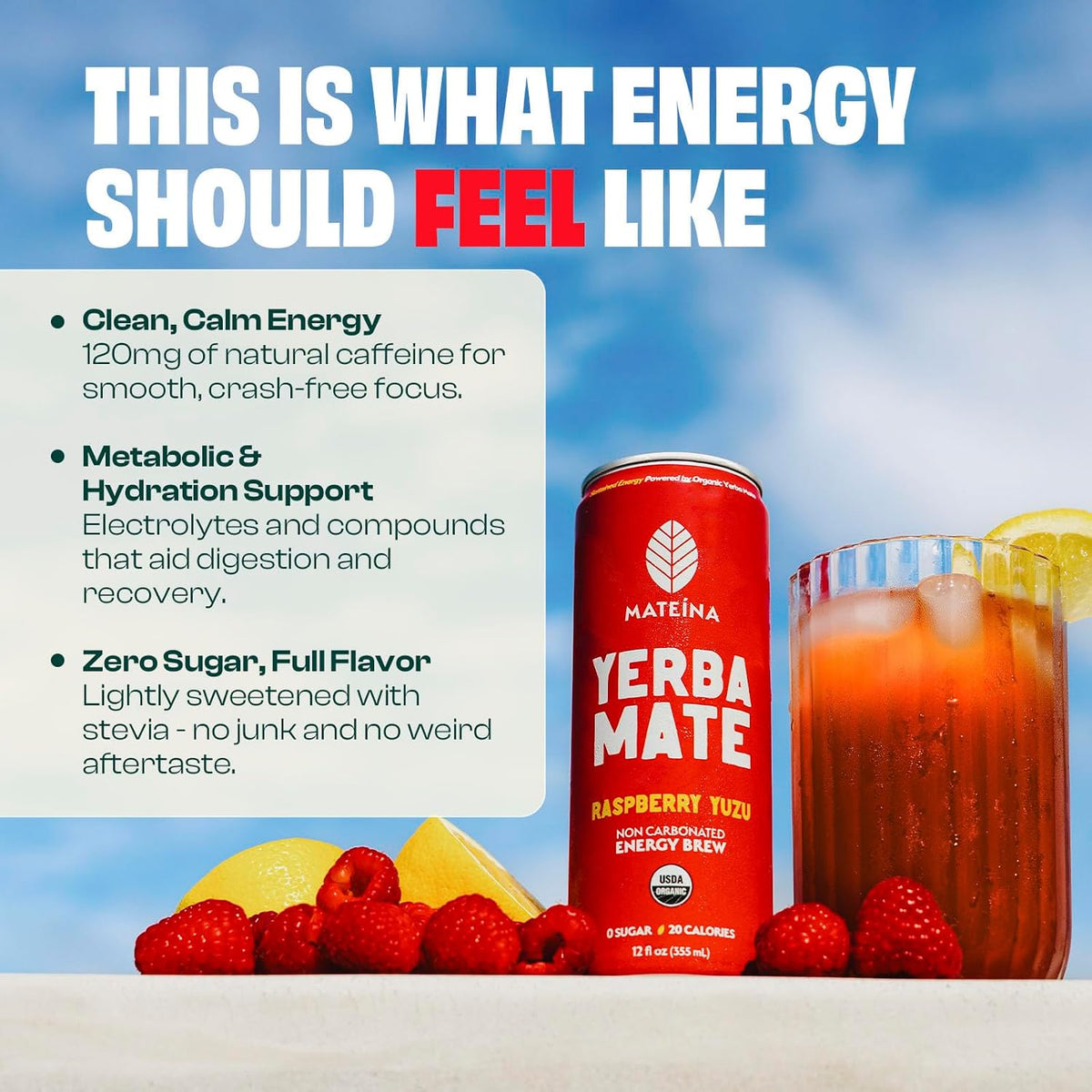 Mateina Yerba Mate Energy Drink, Raspberry Yuzu, 12 fl oz, 12 Pack