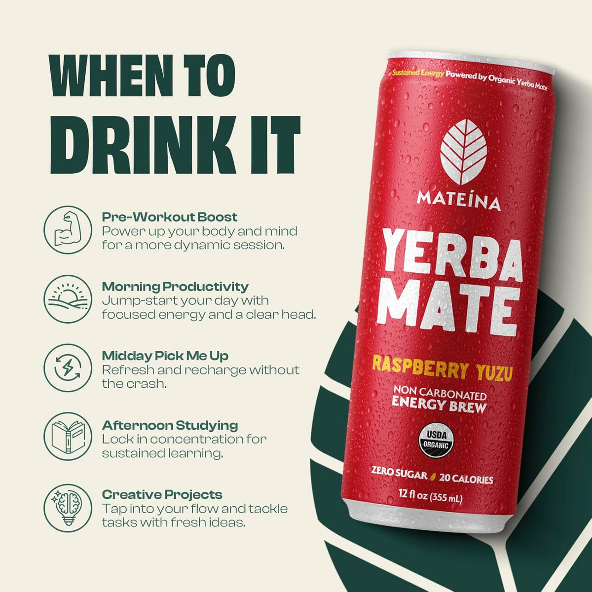 Mateina Yerba Mate Energy Drink, Raspberry Yuzu, 12 fl oz, 12 Pack