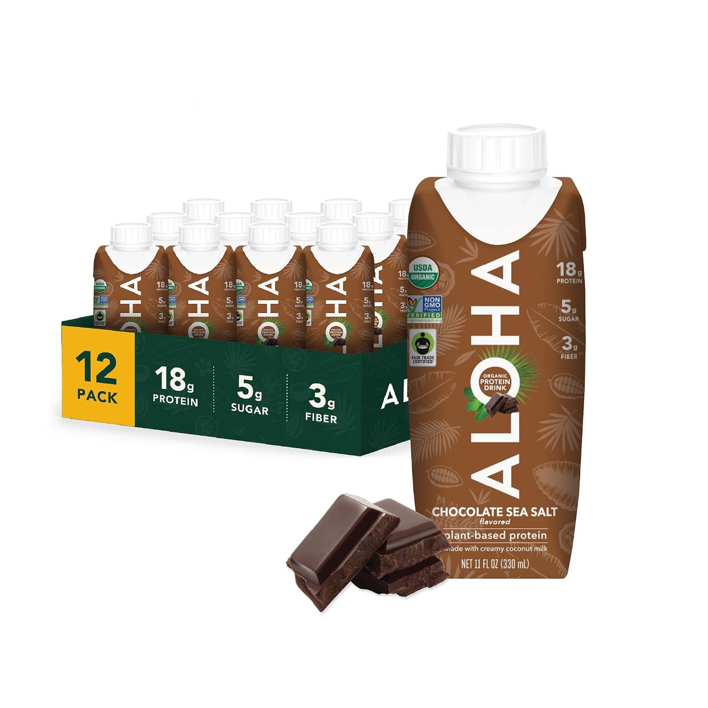 ALOHA Organic Protein Drink, Chocolate Sea Salt, Low Sugar & Dairy Free Ready-to-Drink Protein Shake, Plant Based, Non-Dairy, Clean Ingredients, GLP-1 Friendly, 18g Protein, Gluten Free