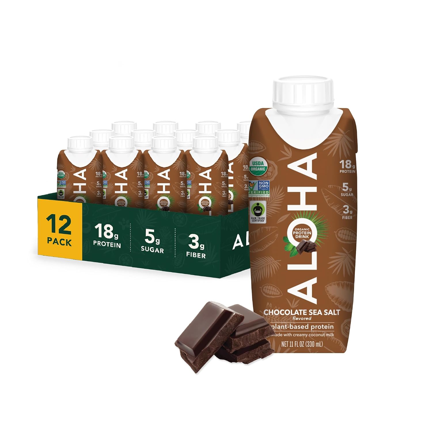 ALOHA Organic Protein Drink, Chocolate Sea Salt, Low Sugar & Dairy Free Ready-to-Drink Protein Shake, Plant Based, Non-Dairy, Clean Ingredients, GLP-1 Friendly, 18g Protein, Gluten Free