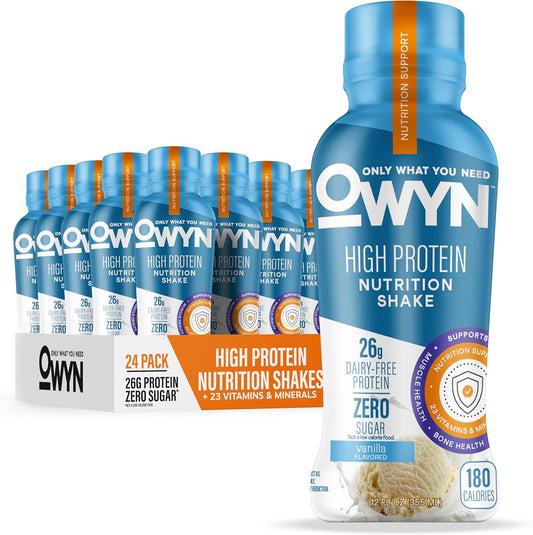 OWYN Only What You Need 26g High Protein Shake, Vanilla Flavored, 12 Ct | 26g Protein, Zero Sugar, 3g Fiber, Dairy Free, Plant Protein, Gluten Free, 12fl oz Bottles, 23 Vitamins and Minerals