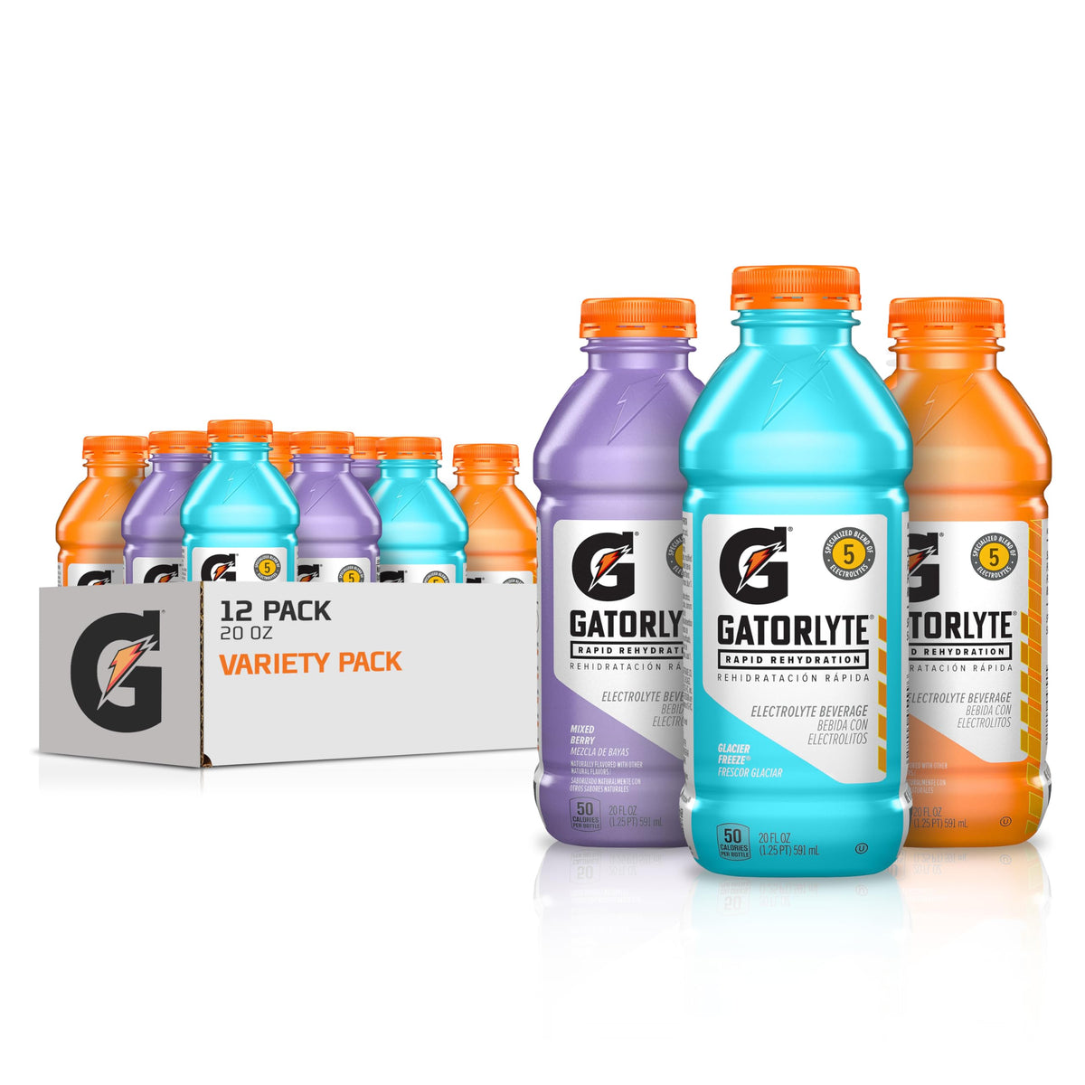 Gatorlyte Rapid Rehydration Electrolyte Drink, 3 Flavor Variety Pack, 20 fl oz Bottles (12 Pack), Specialized Blend of 5 Electrolytes, Lower Sugar, No Artificial Sweeteners, No Artificial Flavors, Gatorade, Hydration