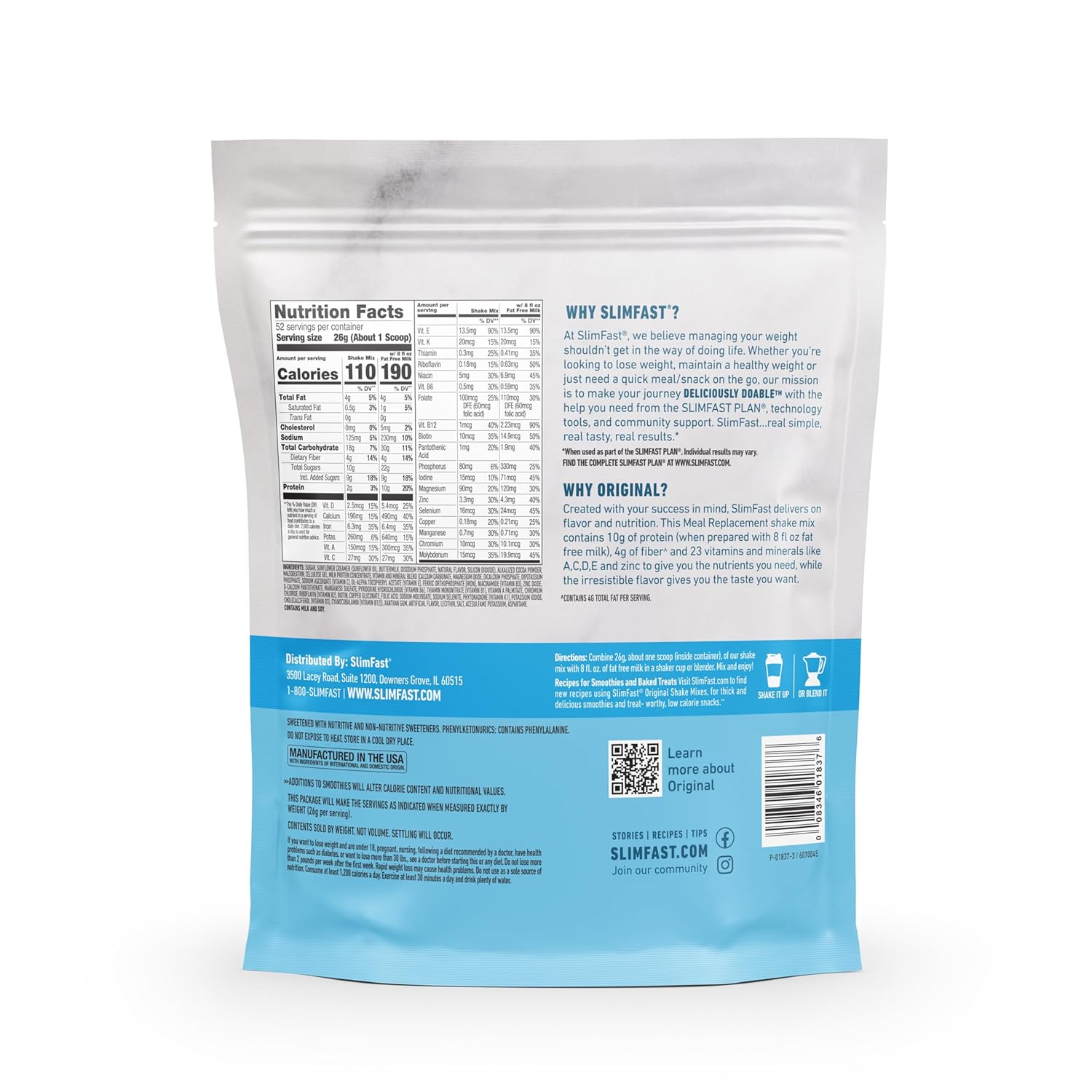 SlimFast Meal Replacement Powder, Original Rich Chocolate Royale, Weight Loss Shake Mix, 10g of Protein, 52 Servings (Packaging May Vary)