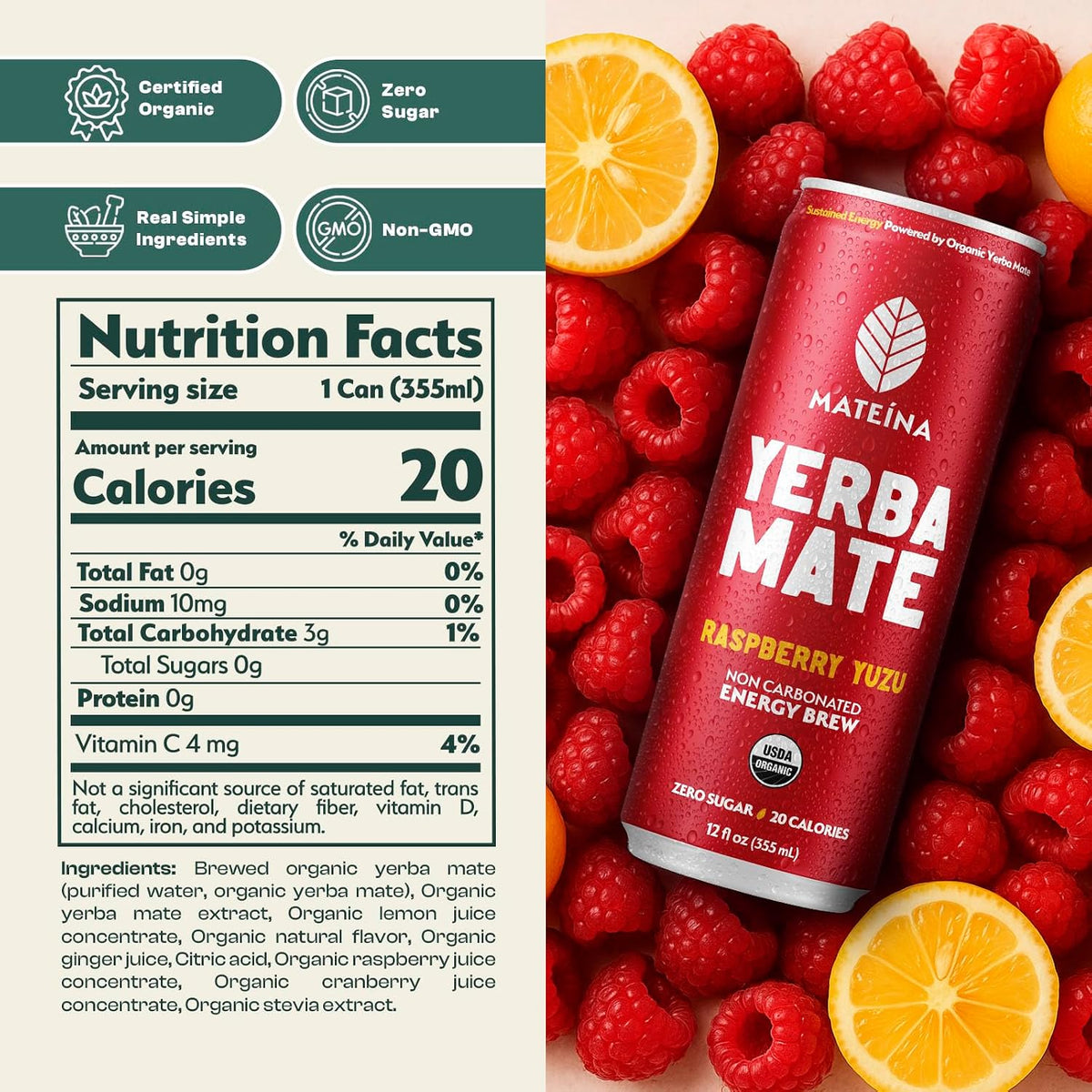 Mateina Yerba Mate Energy Drink, Raspberry Yuzu, 12 fl oz, 12 Pack