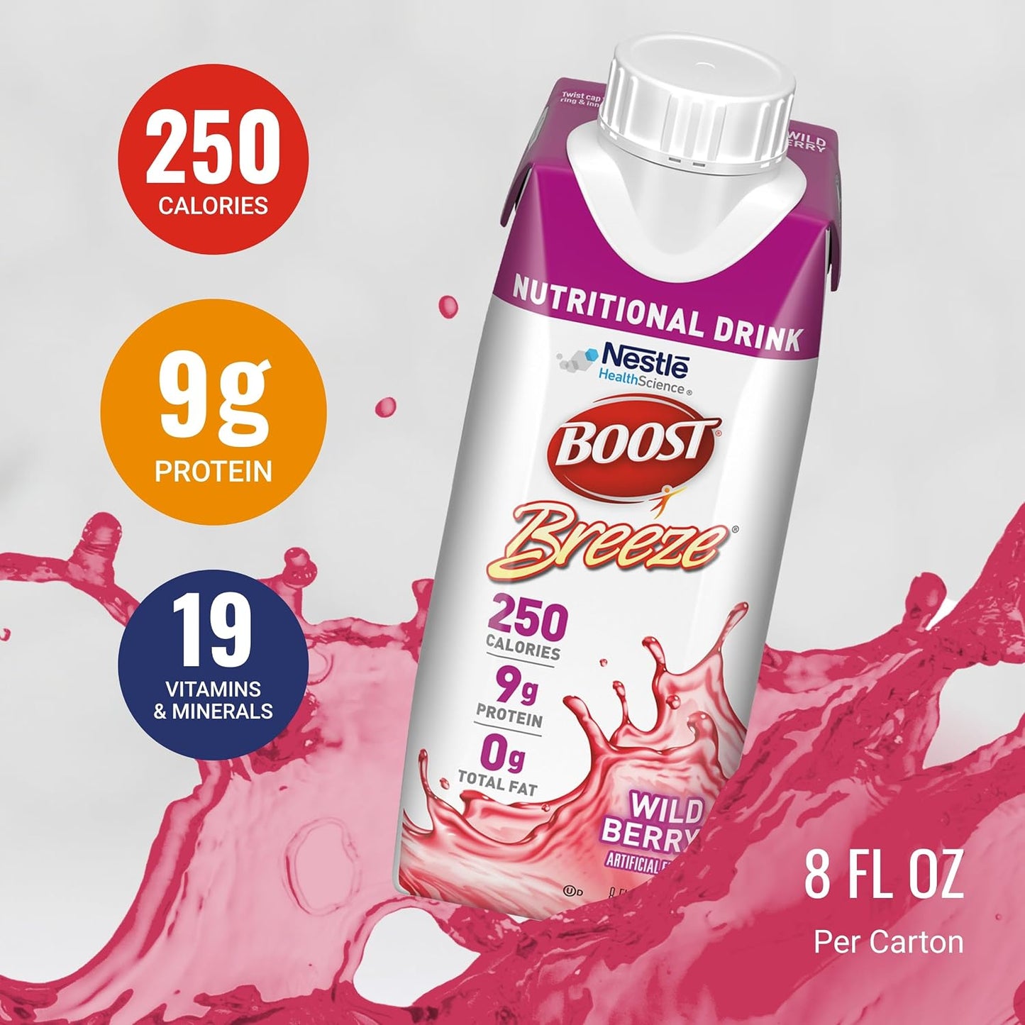 BOOST Breeze Clear Nutritional Drink - 250 Calories - 19 Vitamins & Minerals - 9 g Protein - Fortified Clear Nutritional Drink with Vitamin A & Zinc - Wild Berry Flavor - 8 fl oz (Pack of 24)
