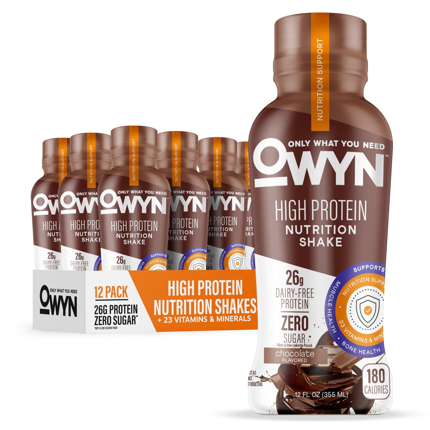 OWYN Only What You Need 26g High Protein Shake, Vanilla Flavored, 12 Ct | 26g Protein, Zero Sugar, 3g Fiber, Dairy Free, Plant Protein, Gluten Free, 12fl oz Bottles, 23 Vitamins and Minerals