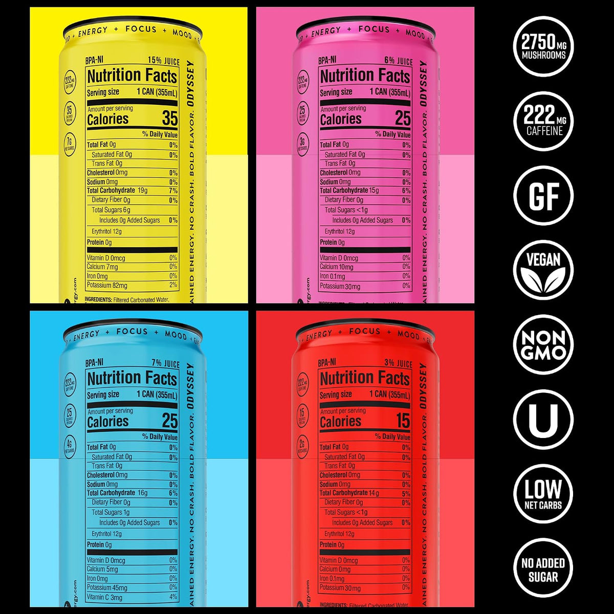 Odyssey Functional Energy Drink, 222mg Caffeine, Variety 12 Pack