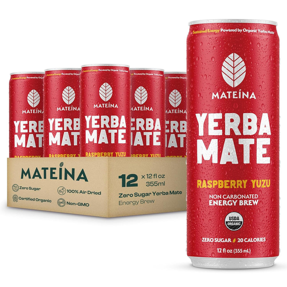 Mateina Yerba Mate Energy Drink, Raspberry Yuzu, 12 fl oz, 12 Pack
