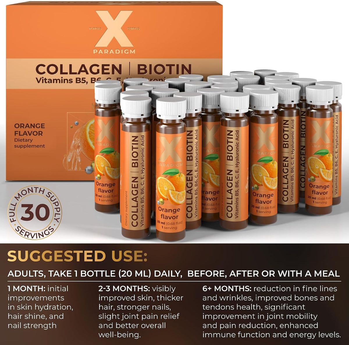 Liquid Collagen Peptides with Biotin & Hyaluronic Acid, Orange flavor