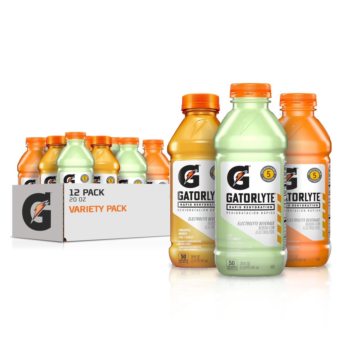 Gatorlyte Rapid Rehydration Electrolyte Drink, 3 Flavor Variety Pack, 20 fl oz Bottles (12 Pack), Specialized Blend of 5 Electrolytes, Lower Sugar, No Artificial Sweeteners, No Artificial Flavors, Gatorade, Hydration