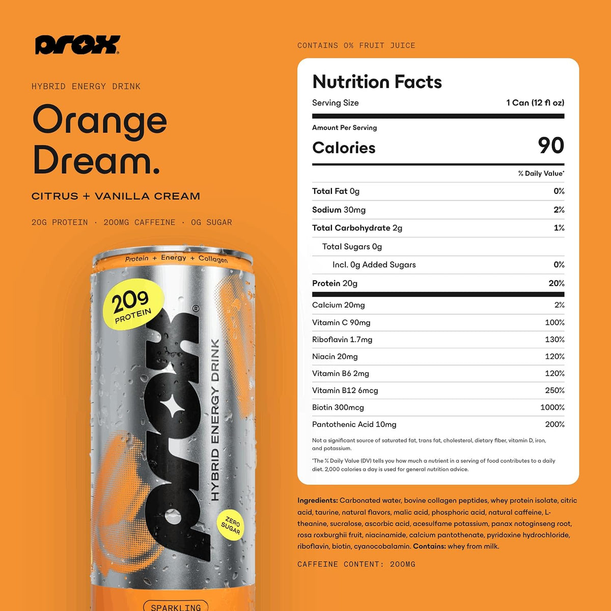 PROX Premium Energy Drink, Orange Dream, 20g Protein, Zero Sugar, 12 Pack