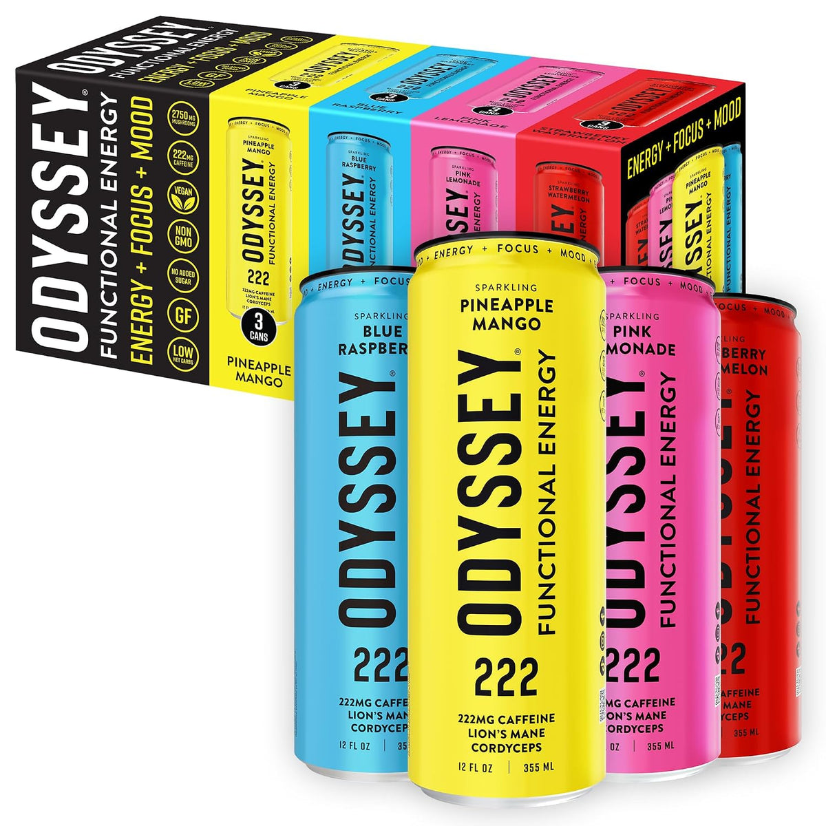 Odyssey Functional Energy Drink, 222mg Caffeine, Variety 12 Pack