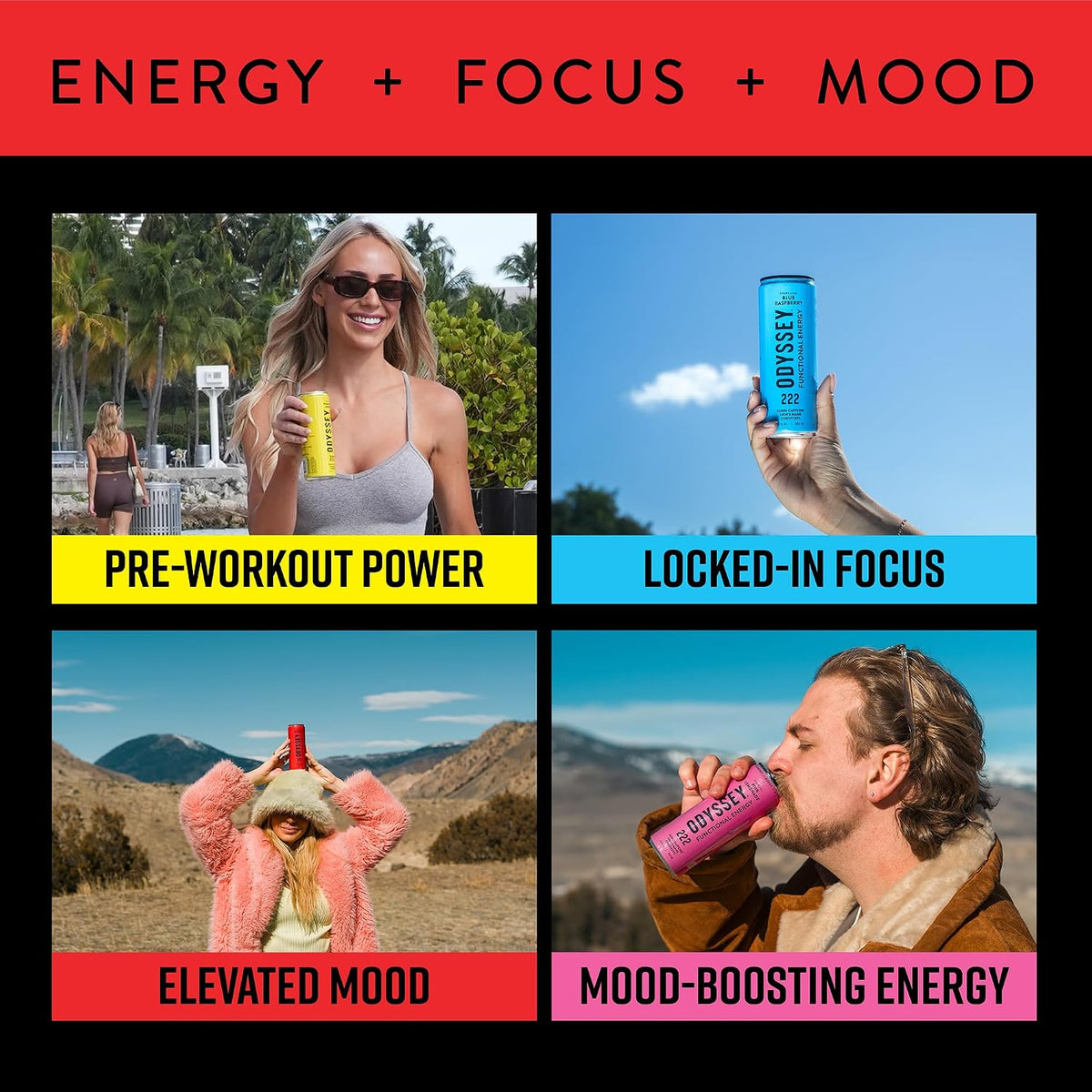 Odyssey Functional Energy Drink, 222mg Caffeine, Variety 12 Pack