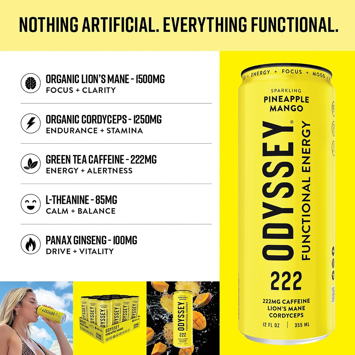 Odyssey Functional Energy Drink, 222mg Caffeine, Variety 12 Pack
