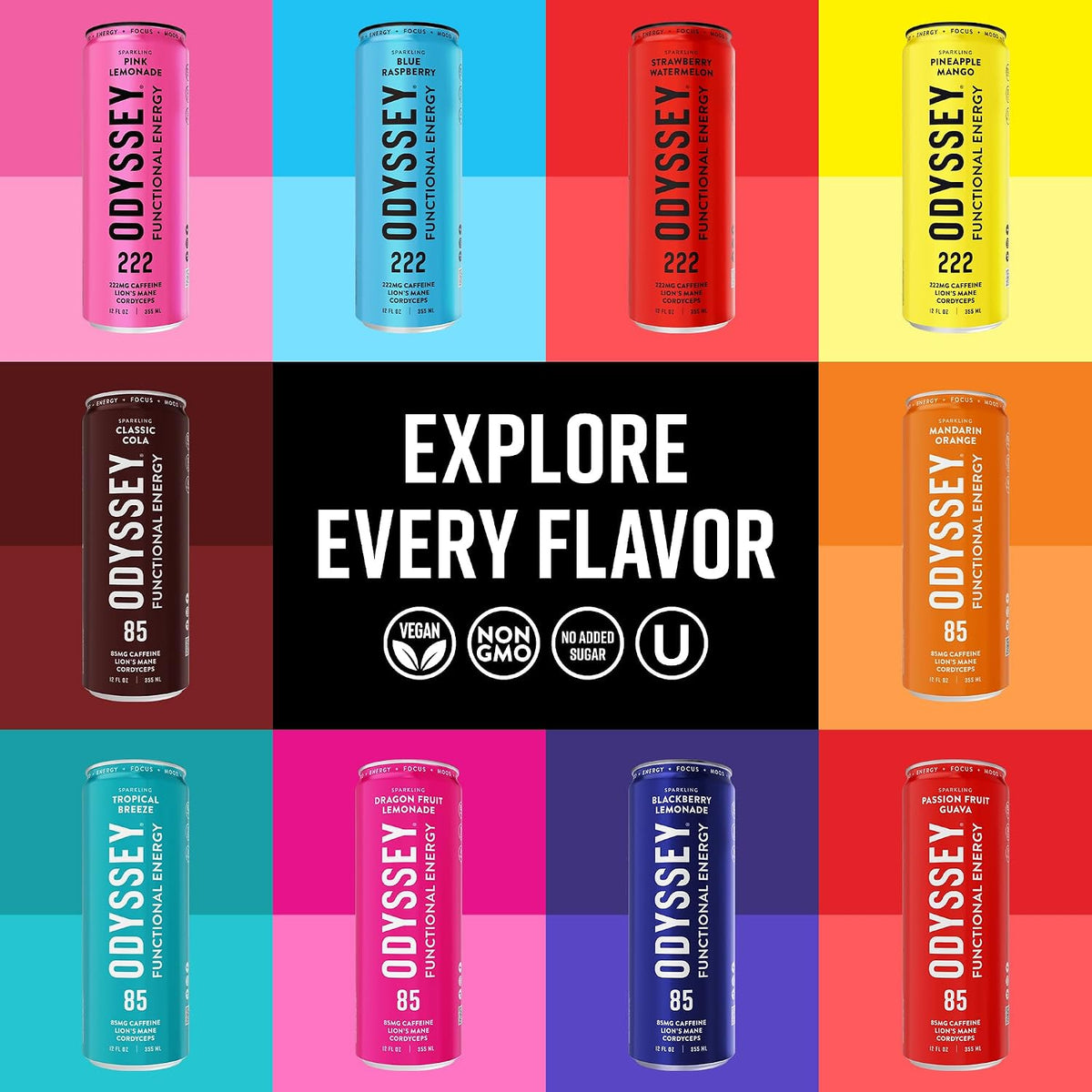 Odyssey Functional Energy Drink, 222mg Caffeine, Variety 12 Pack