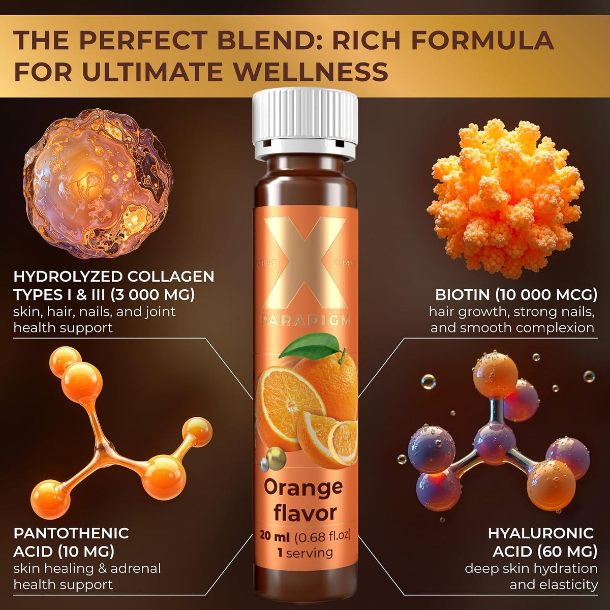 Liquid Collagen Peptides with Biotin & Hyaluronic Acid, Orange flavor