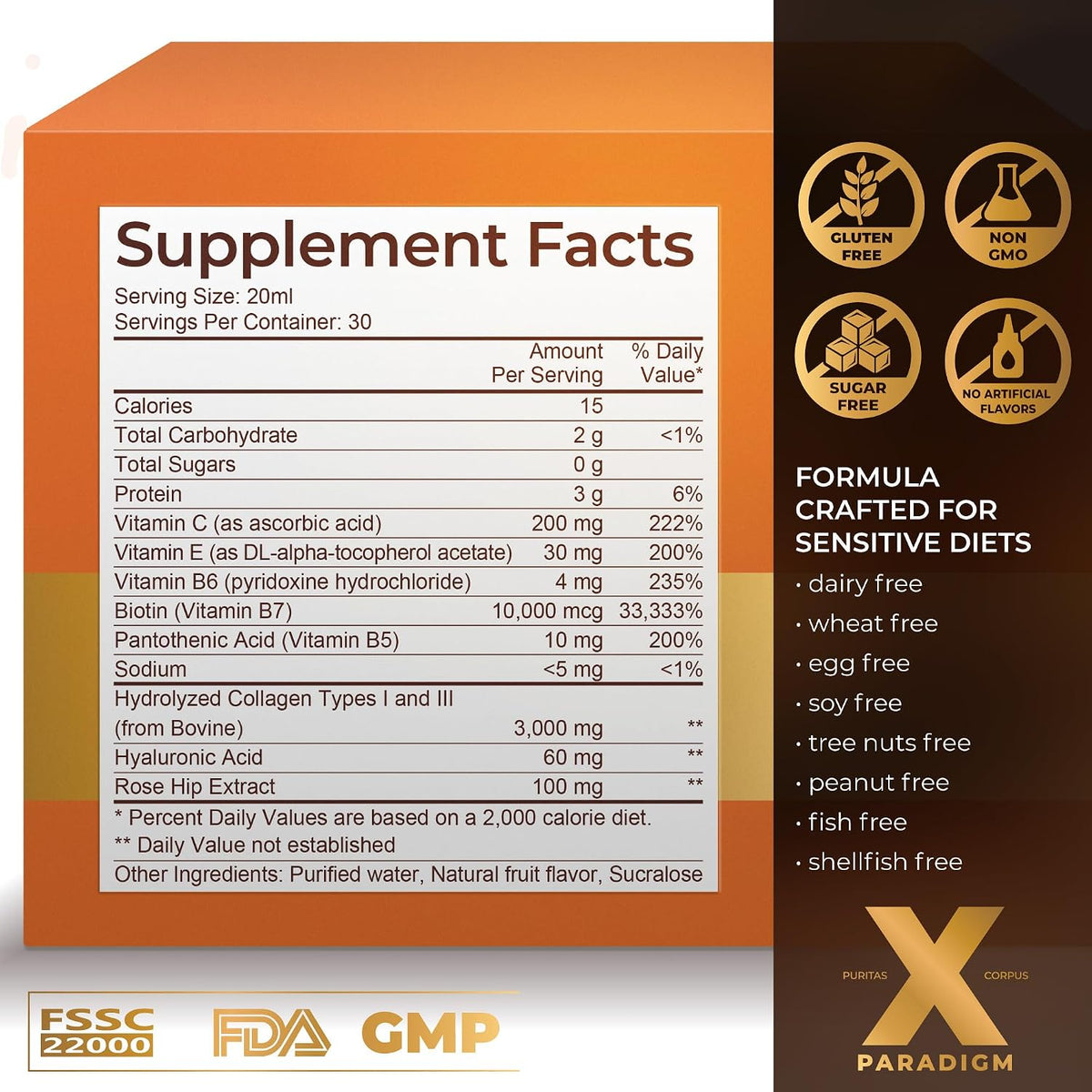 Liquid Collagen Peptides with Biotin & Hyaluronic Acid, Orange flavor